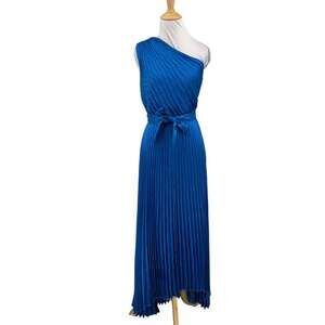 Intermix Dress Women 00 Royal Luisa Pleated Satin One Shoulder High Low Gown